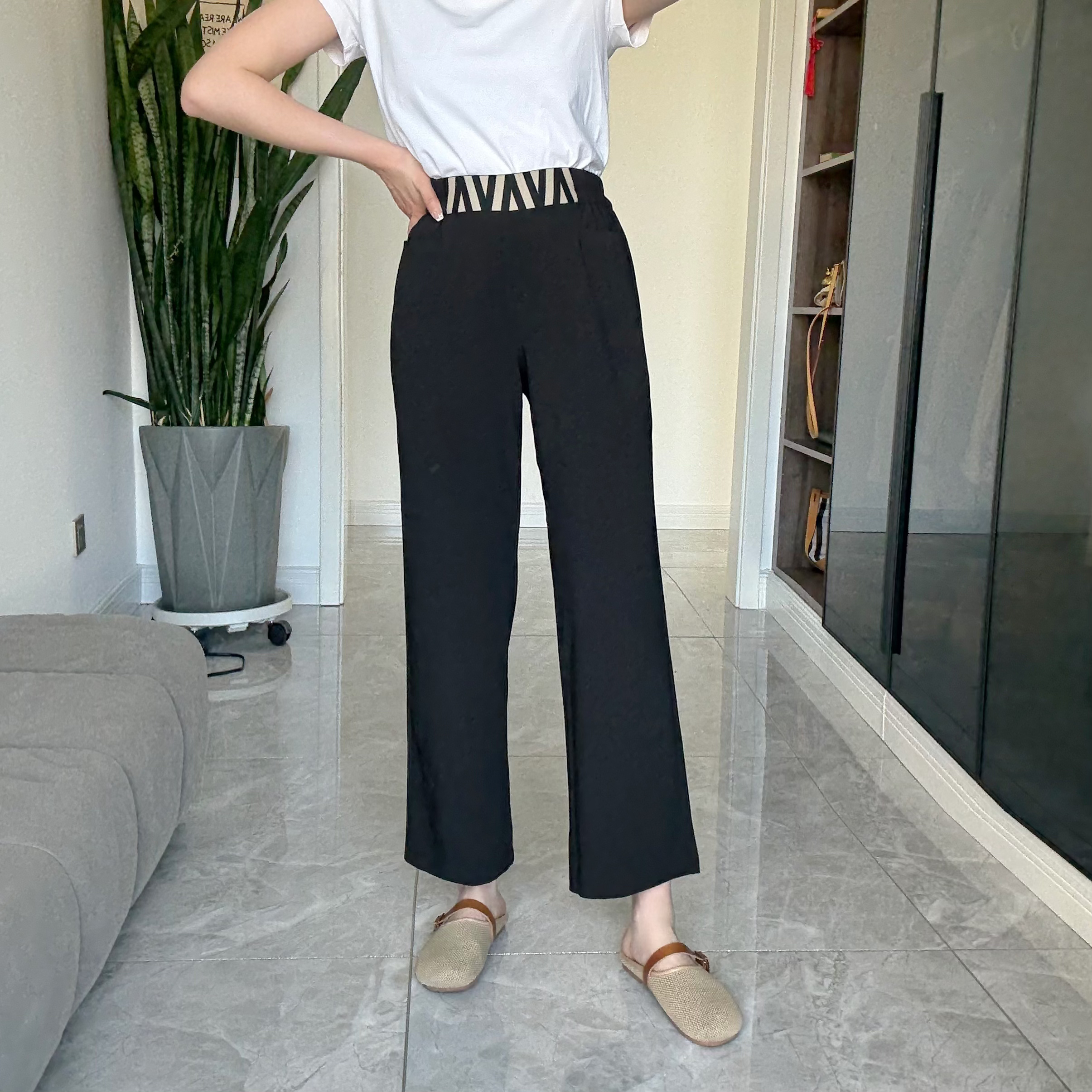 福H.L【夏】【微阔腿】森斯 字母腰 新款高腰阔腿女士舒适显瘦