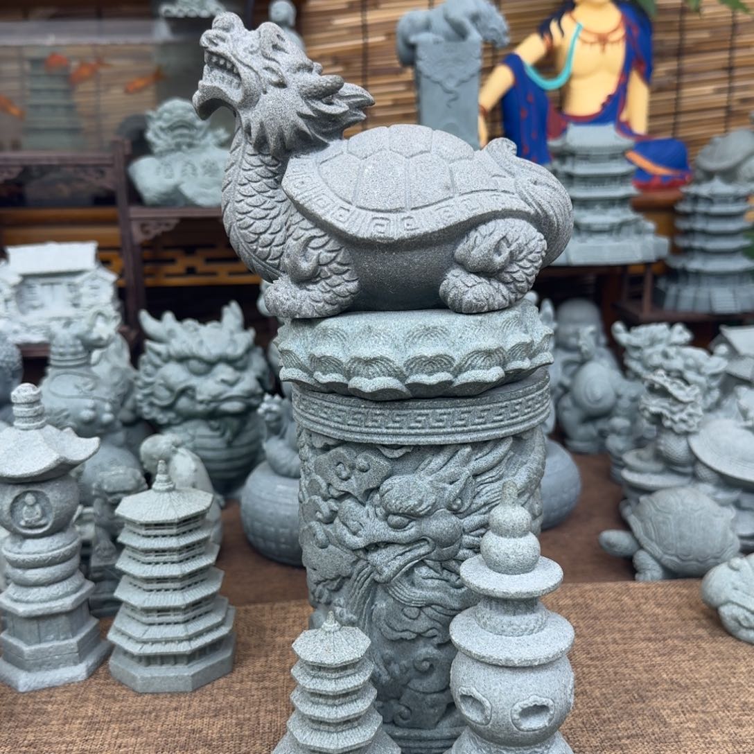 石材青砂石大龙龟➕莲花底座➕15公分龙柱➕三潭映月➕小雷峰塔