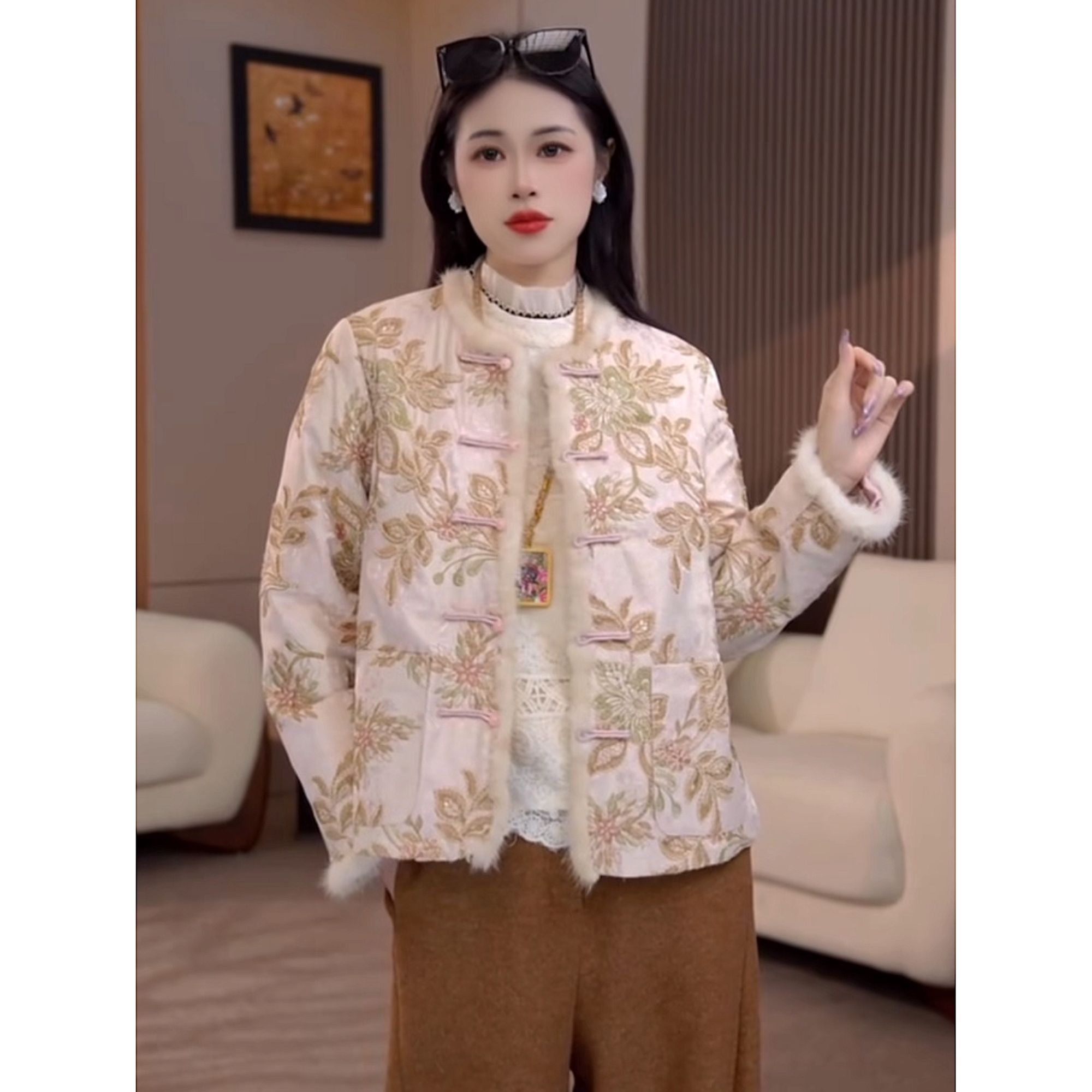 云深处 加厚款夹棉提花刺绣圆领保暖上衣国潮时尚中国风棉服外套