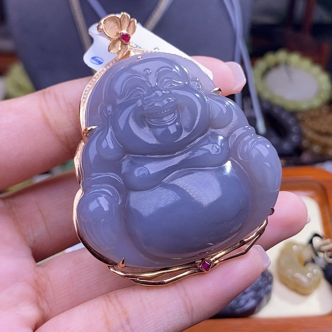 和田玉清货价冰底浓烟紫金镶大佛公未镶嵌