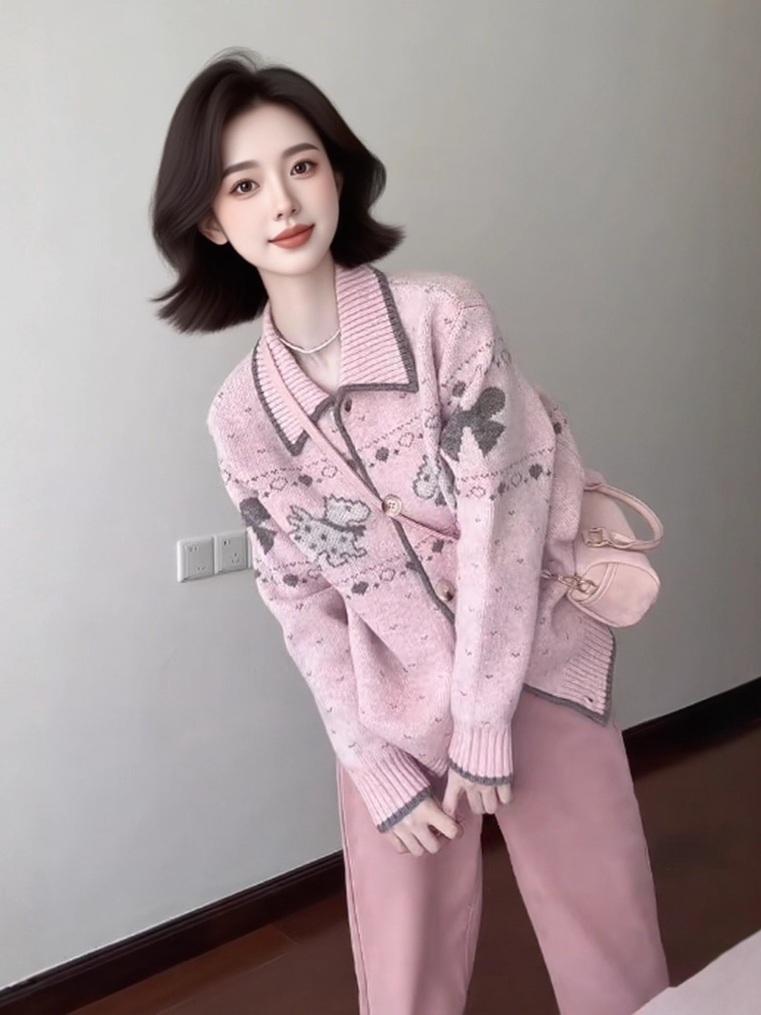 秋季新款休闲百搭费尔岛花纱小狗提花时尚毛衣毛衣外套开衫