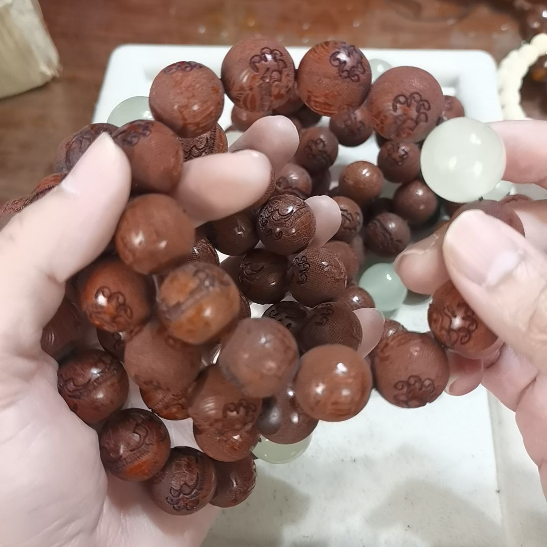 铁木豆（红檀）无事牌20mm圆珠360°网面全雕