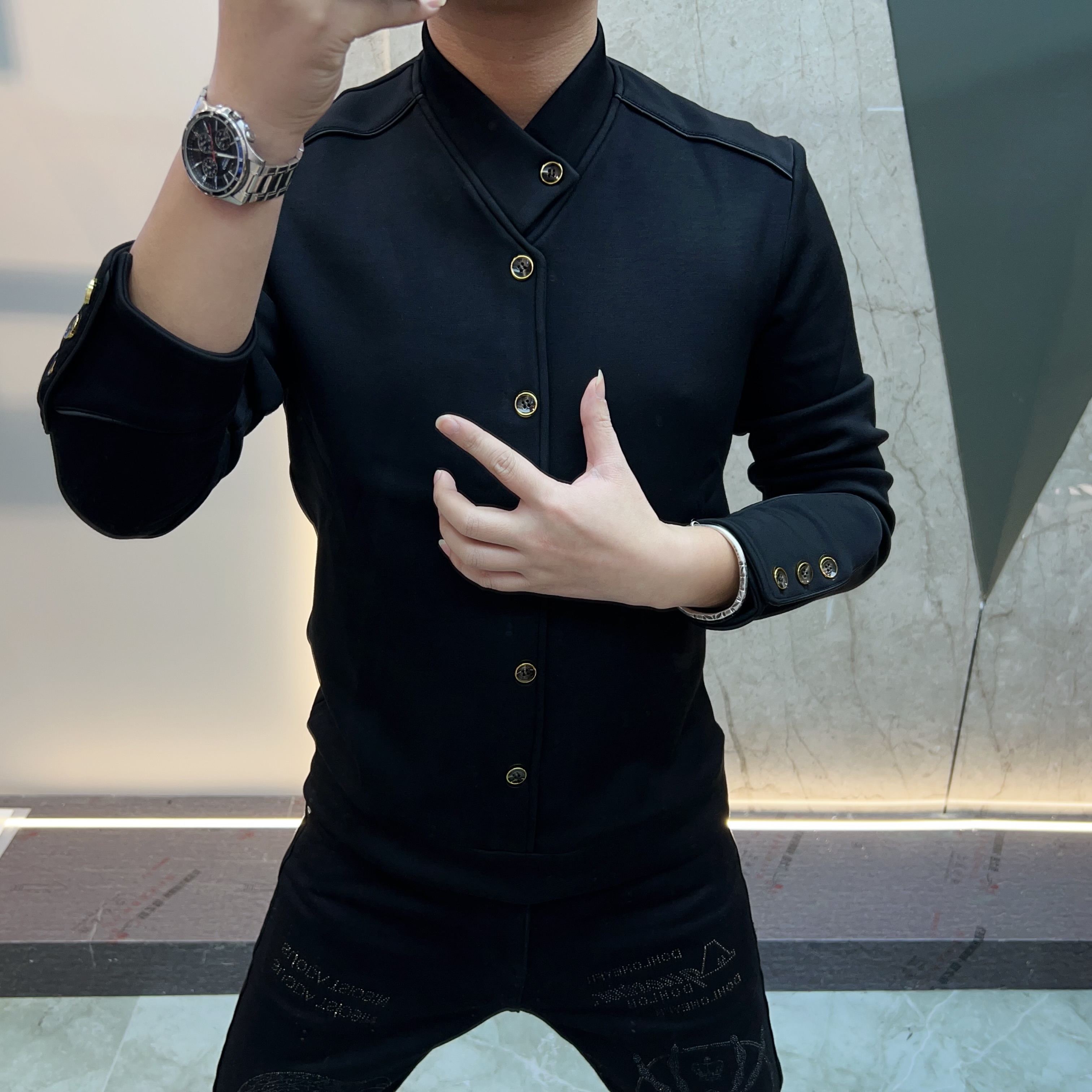 欧货男装时尚休闲翻领轻奢空气棉款百搭透气上衣潮流修身型66633