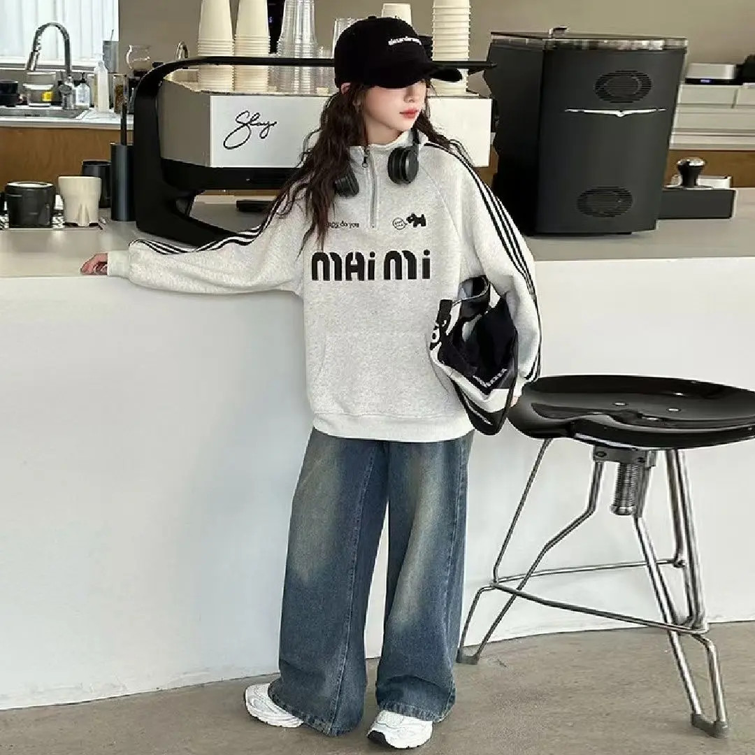 女童秋裤卫衣外套2025新款中大儿童美式立领小女孩运动秋季上衣潮