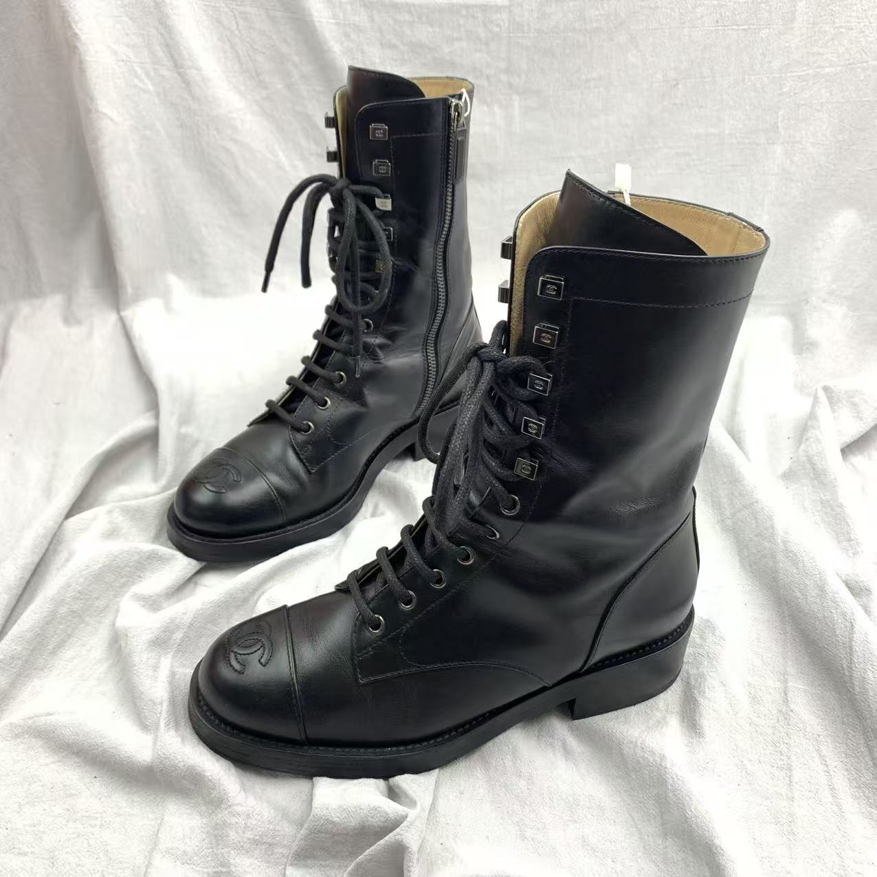 95新 Chanel/香奈儿 仔仔/37.5/黑色系带短靴2028