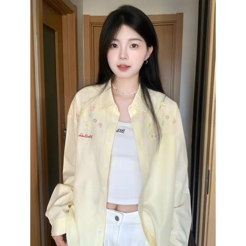 韩系宽松花朵刺绣条纹防晒衬衫女款夏季薄款外搭开衫