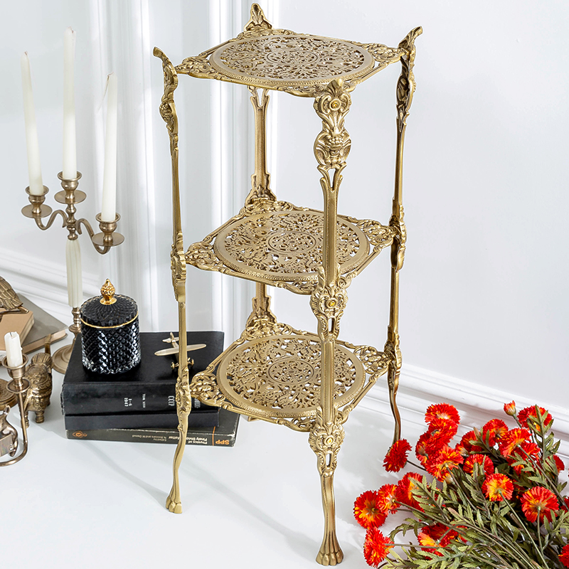 北欧客厅卧室家居雕花黄铜落地置物架三层收纳花架轻奢边几角架