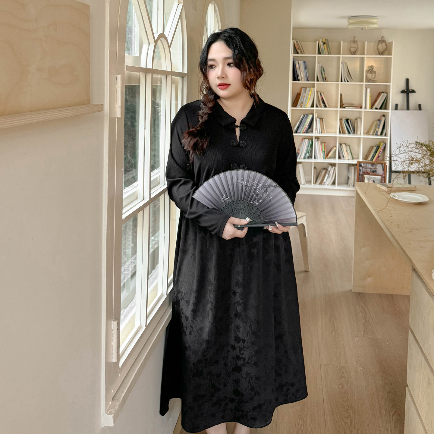 CC5093大码女装【新中式轻国风旗袍】复古盘扣提花拼接高腰连衣裙子