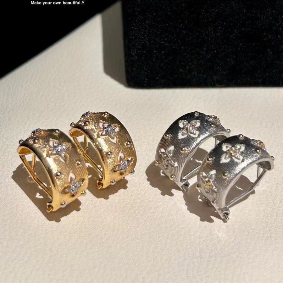 铜合金合成锆石耳饰 金属拉丝镂空重工耳钉高级质感情人节耳环