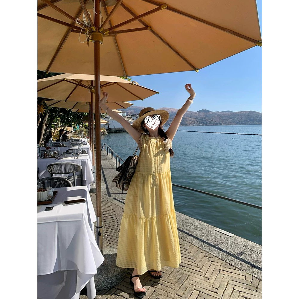 夏季中长款宽松度假风格子背心连衣裙女