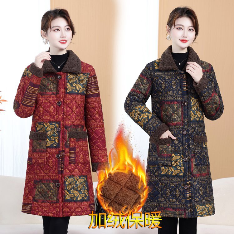 妈妈装冬季加绒加厚中长款棉衣宽松显瘦棉服复古印花加厚保暖棉袄