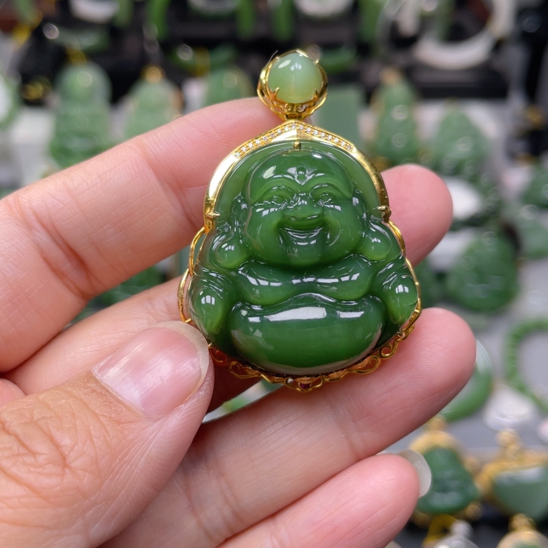 和田玉（碧玉）18K金镶嵌吊坠(不含链)
