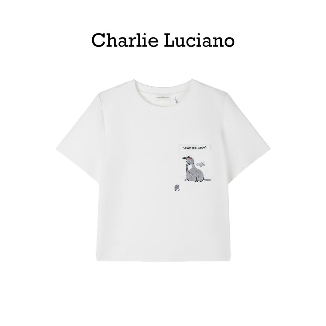 Charlie Luciano面条和面包联名口袋绣花短T恤夏季新款圆领短袖女