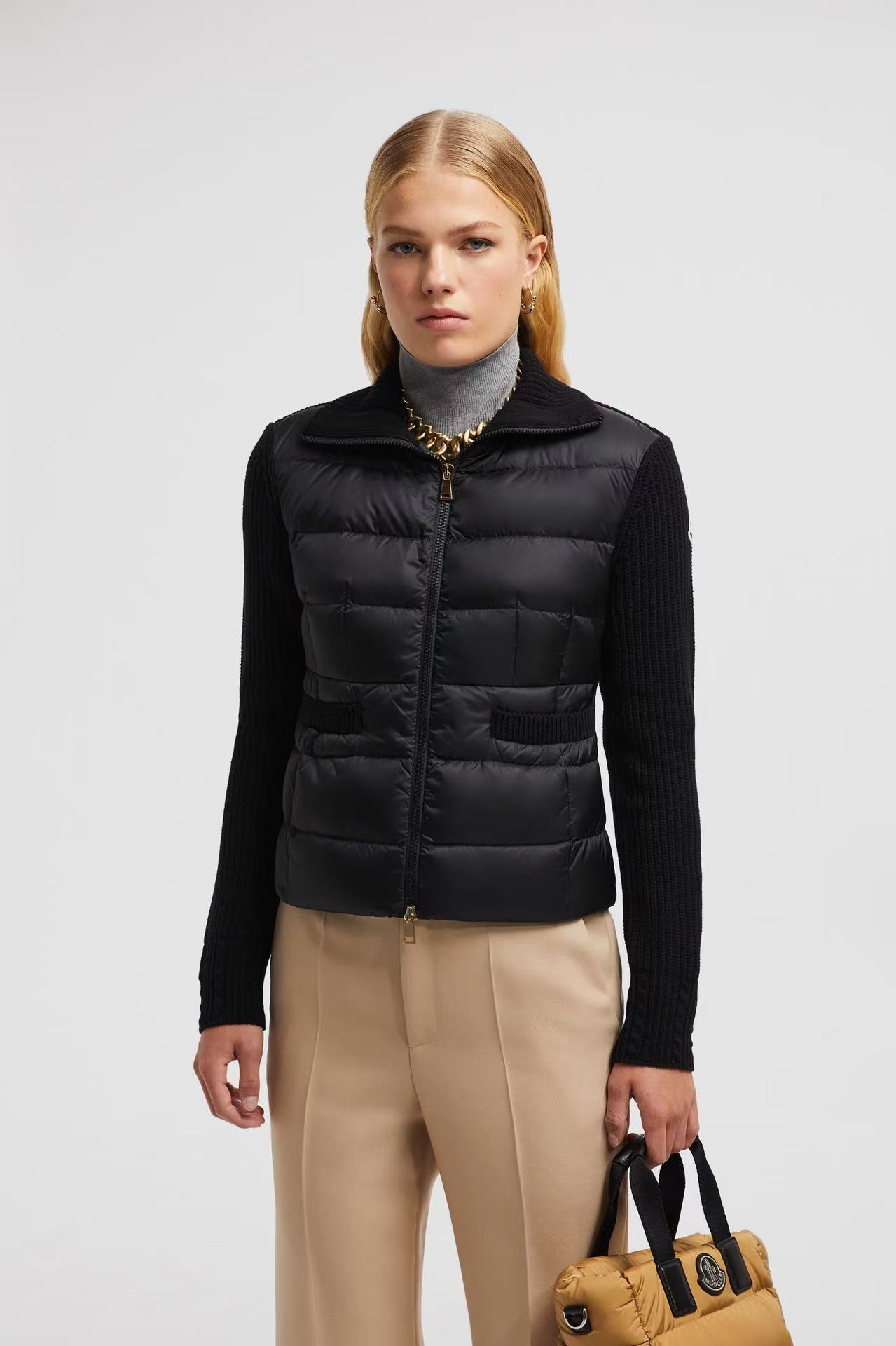 全新未使用 MONCLER 女士春秋款高领拼羊毛羽绒服CARDIGAN TRicot