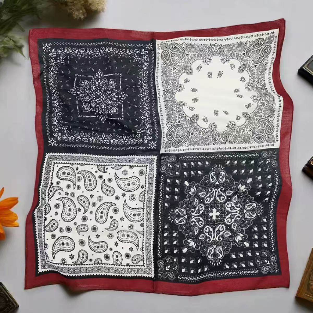 高级感时尚气质复古腰果花四宫格丝巾ZKK0007款