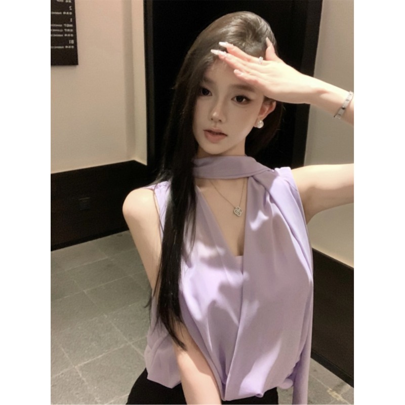 千金名媛v领紫色雪纺衬衫女夏季纯欲甜辣妹挂脖抹胸网纱上衣绝美