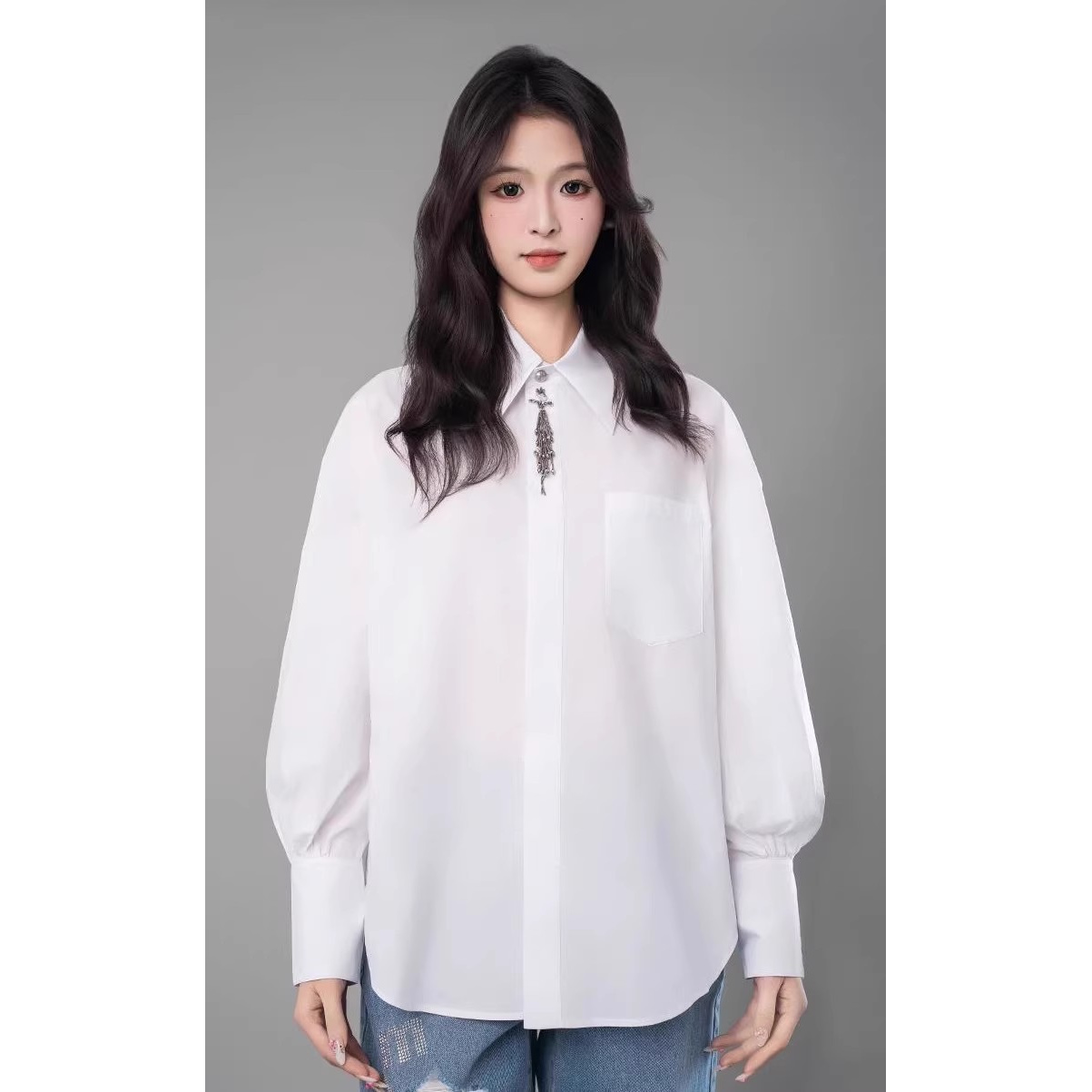 【商场同款】条纹灯笼袖衬衫夏季新款时尚百搭翻领钉珠衬衣女530052