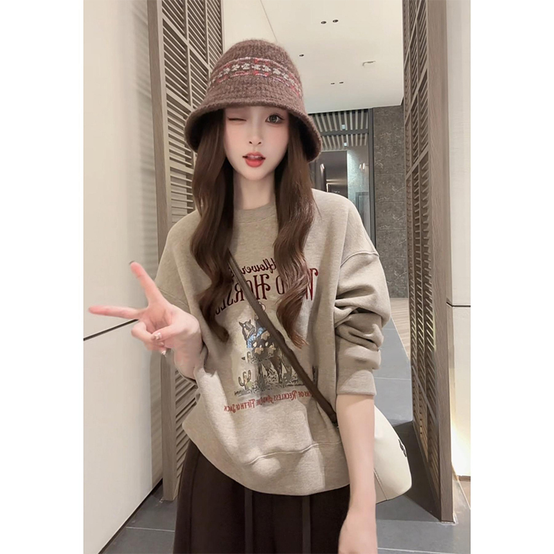 美式复古别致宽松酷潮圆领字母印花卫衣女秋季新款高级感百搭上衣