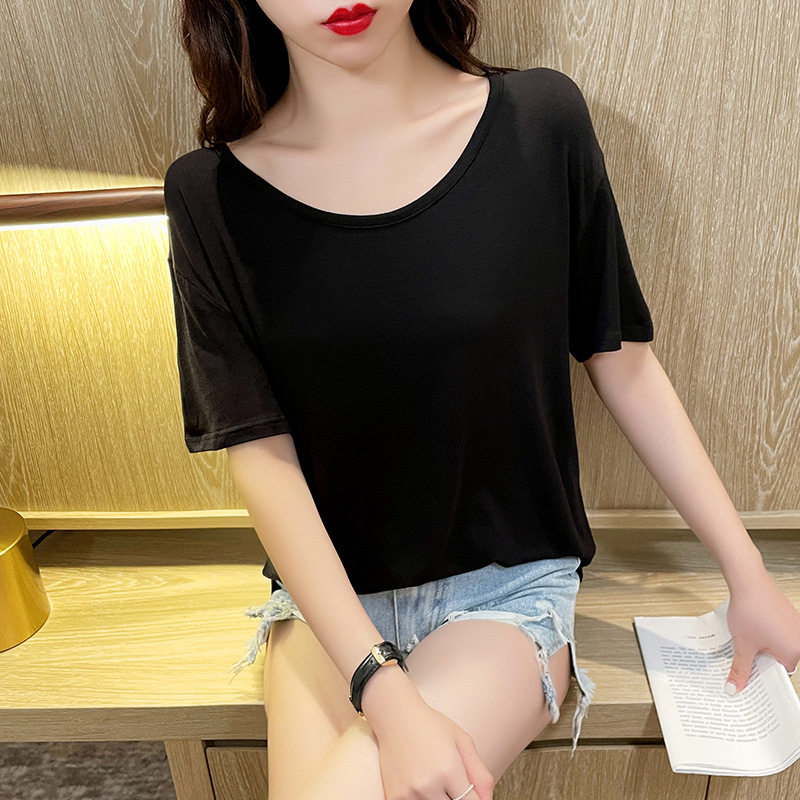 黑色圆领人棉莫代尔宽松落肩短袖T恤女宽松百搭打底上衣TF6145