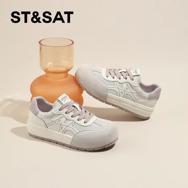 星期六真皮厚底德训鞋女2026春秋新款透气网面休闲板鞋复古运动鞋