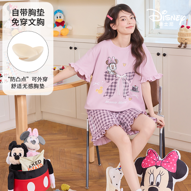 Disney/迪士尼新款纯棉短袖短裤带胸垫卡通大码舒适家居服0333