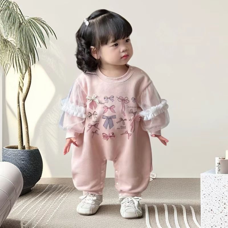 2025婴儿衣服春秋装蝴蝶结纱袖连体衣女宝宝满月百天外出哈衣爬服