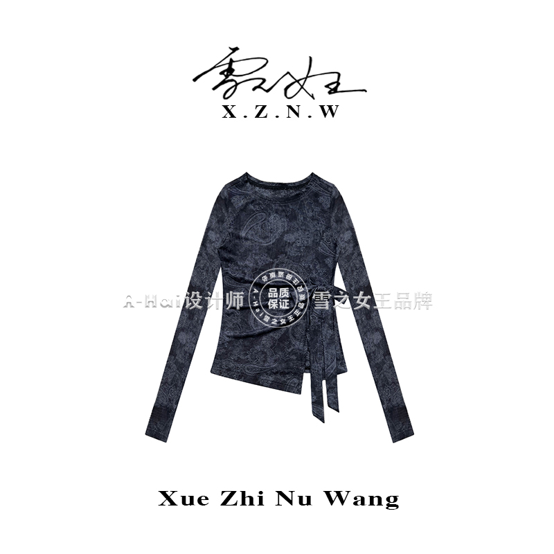 A Hai【佩斯迷踪】秋季新款时髦小众设计印花绑带T恤女修身显瘦上衣