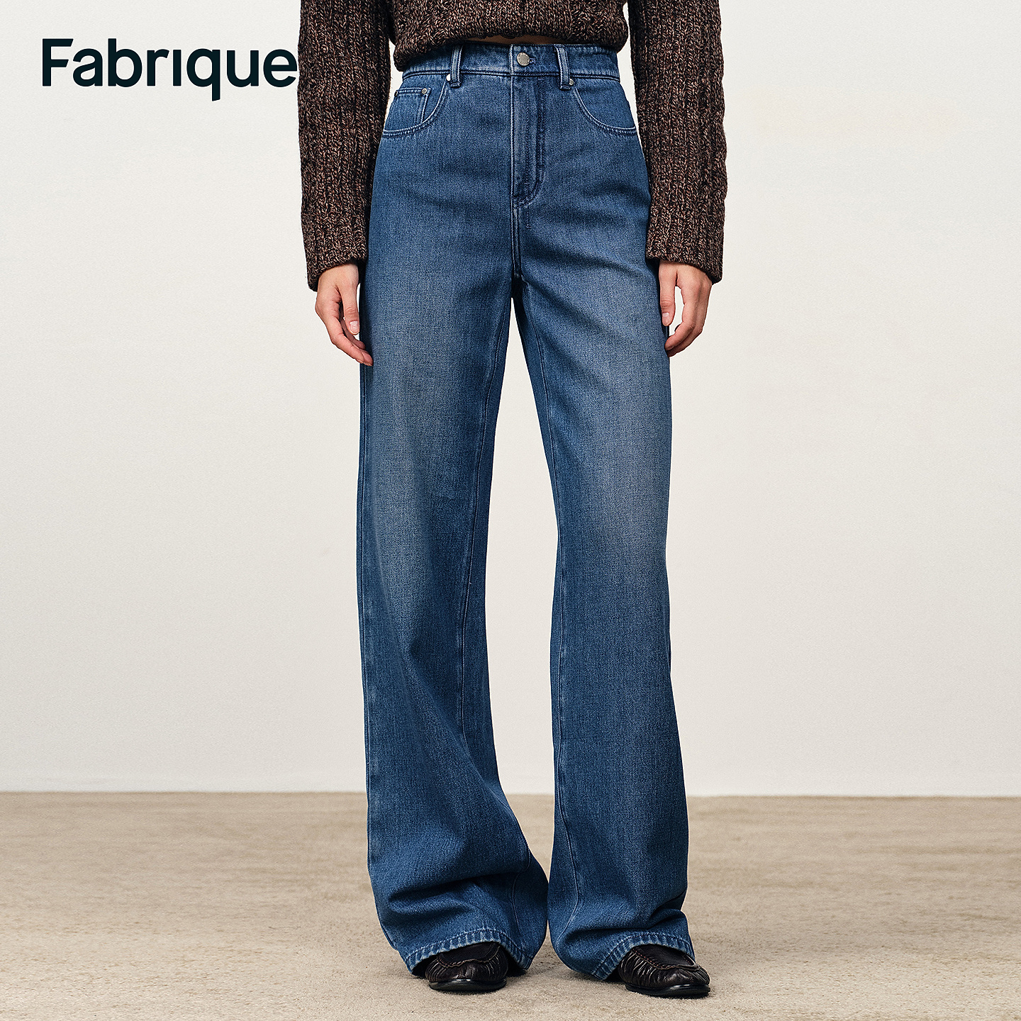 Fabrique Bailey 秋冬新品水洗靛蓝纯棉加绒法式休闲直筒牛仔裤