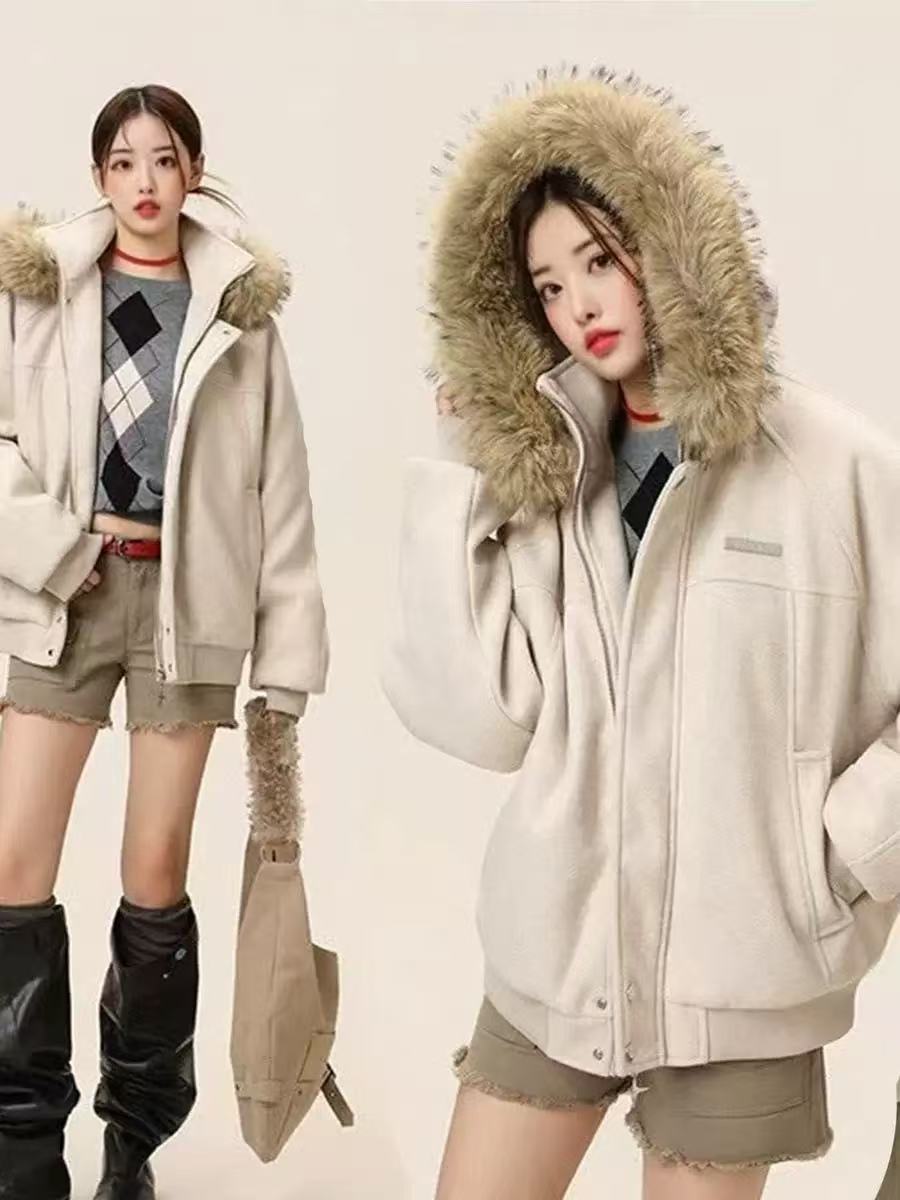 【座山雕毛领连帽】休闲毛呢拼接秋冬棉服保暖情侣款上衣外套b18