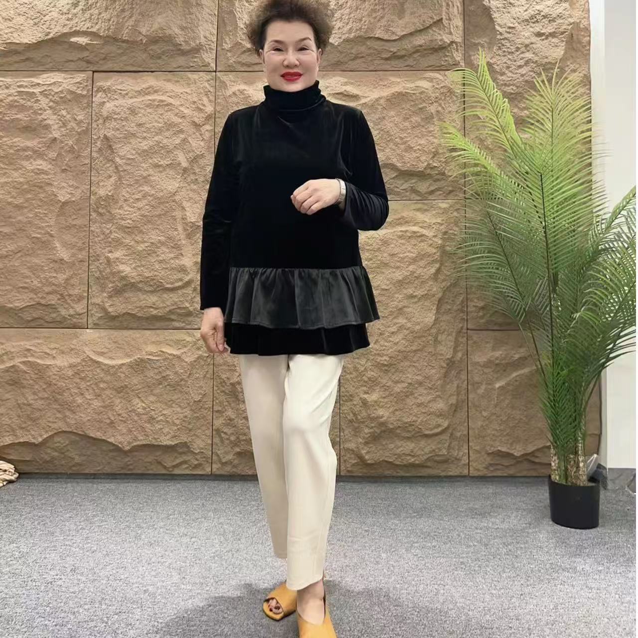 MZRY NIUJIE 秋冬气质纯色堆堆领丝绒上衣