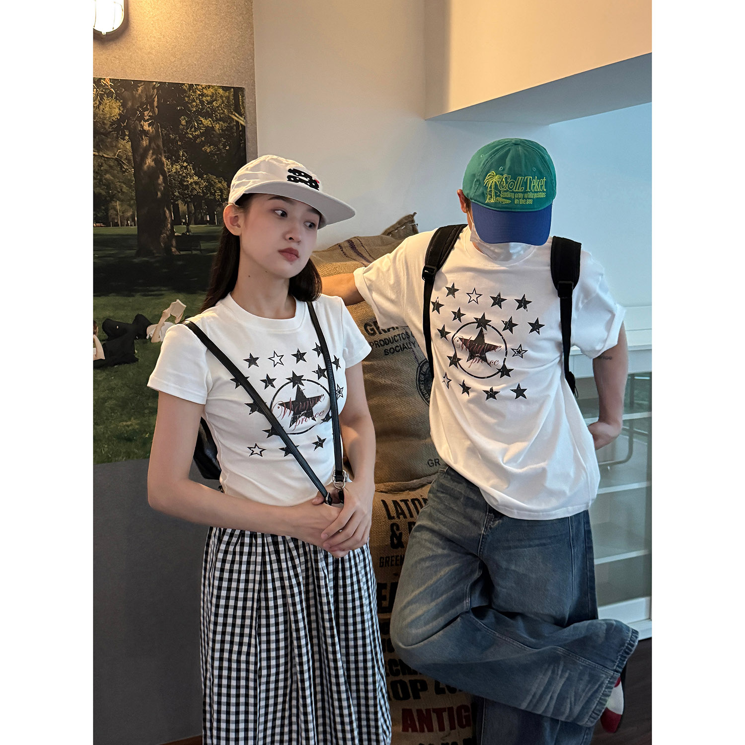 19studio WAYNEPRINCE 韩系星星印花短袖休闲显瘦百搭情侣T恤上衣
