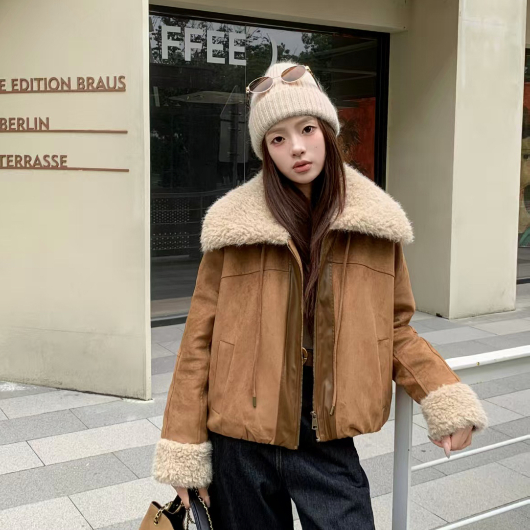 （衣长58）259917鹿皮绒羽绒拉链毛领短款外套