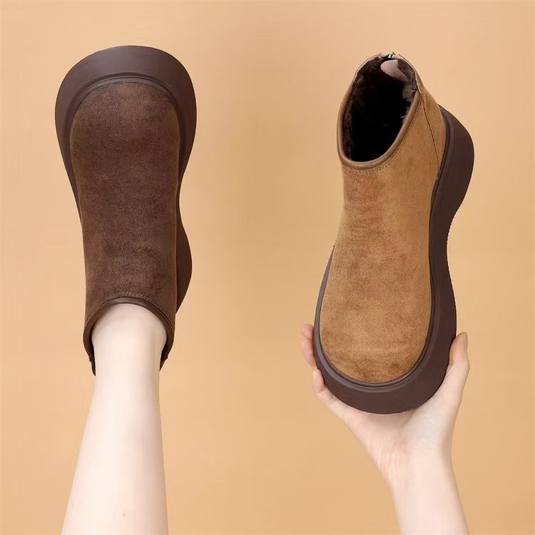 厚底大头加绒短靴2025年秋冬季小个子棉靴新款复古风勃肯时装靴女