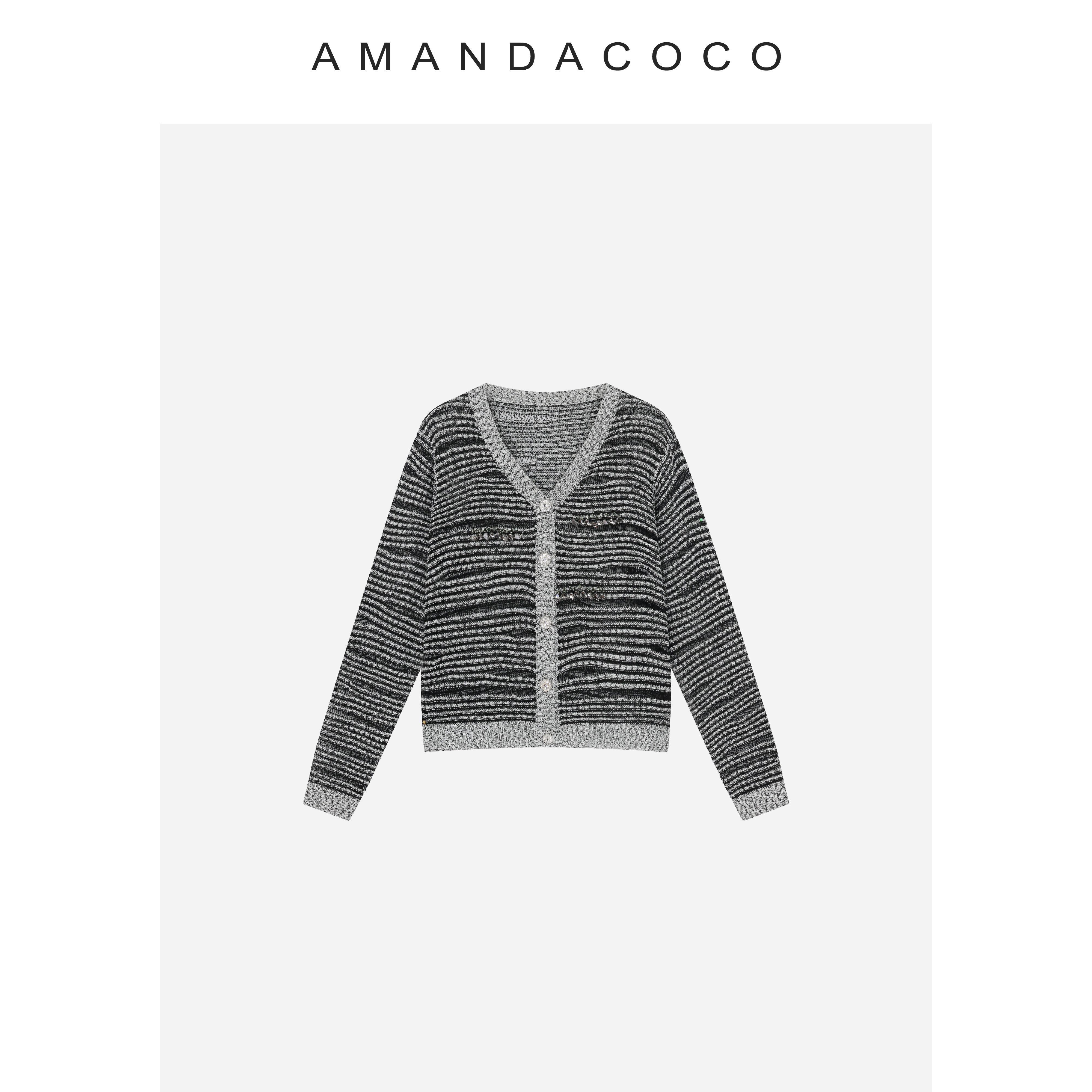 AMANDACOCO茜茜丨特调小衫～薄款串钻条纹v领显瘦时髦针织衫