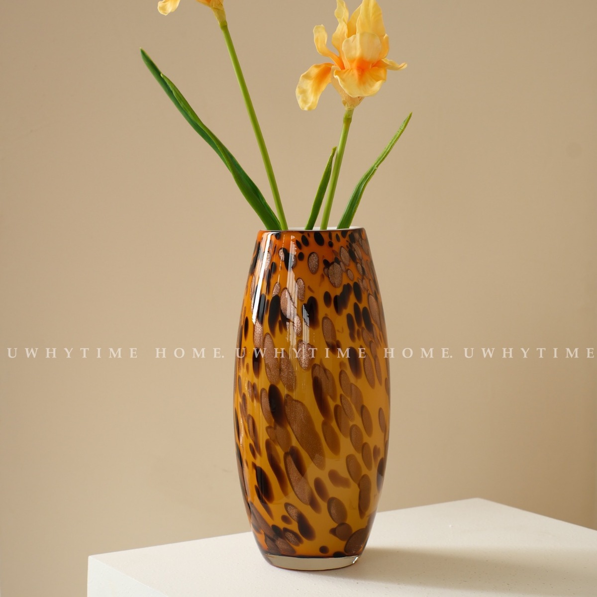 法式复古豹纹黑点洒金琥珀艺术中古风花瓶高级琉璃新年圣诞插花器