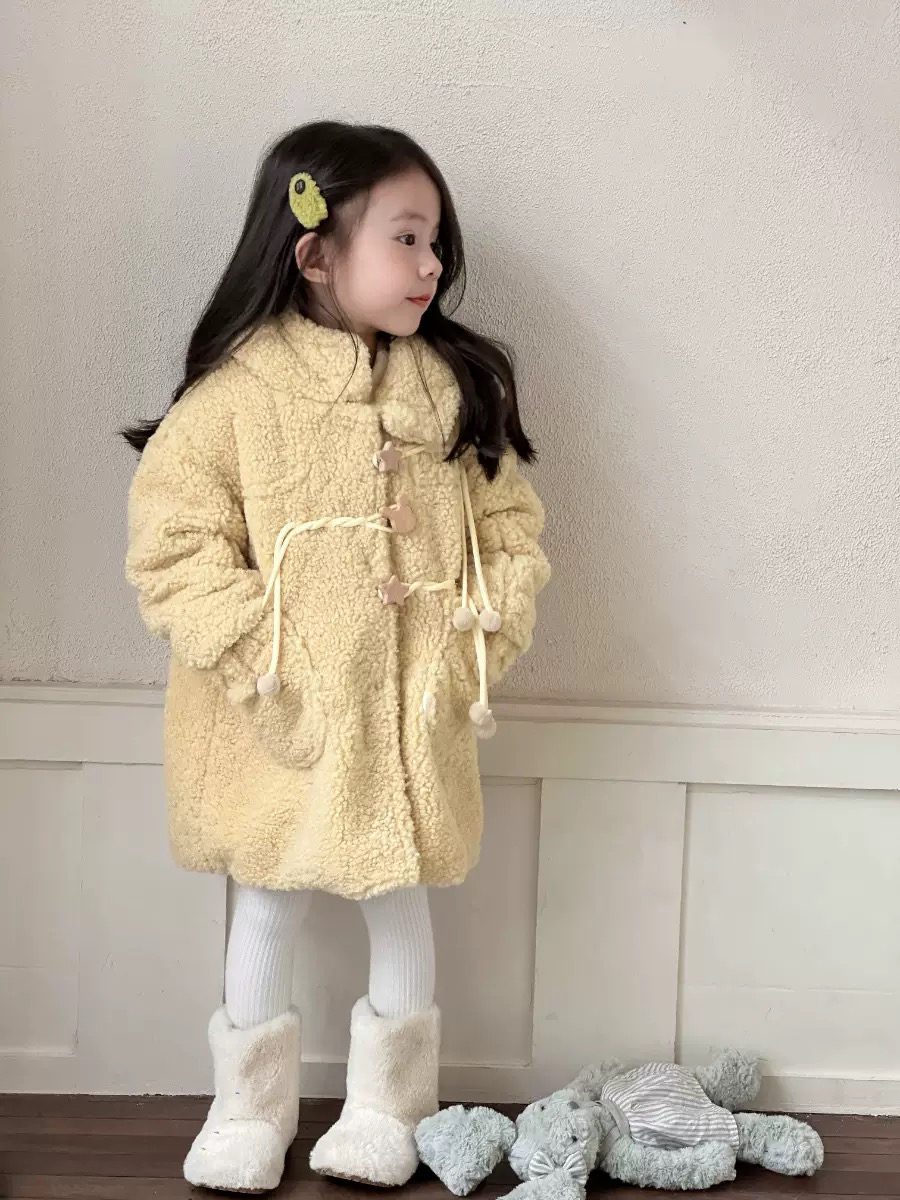 【KL】女宝洋气冬季毛毛外套中长款加绒加厚棉服外套韩版