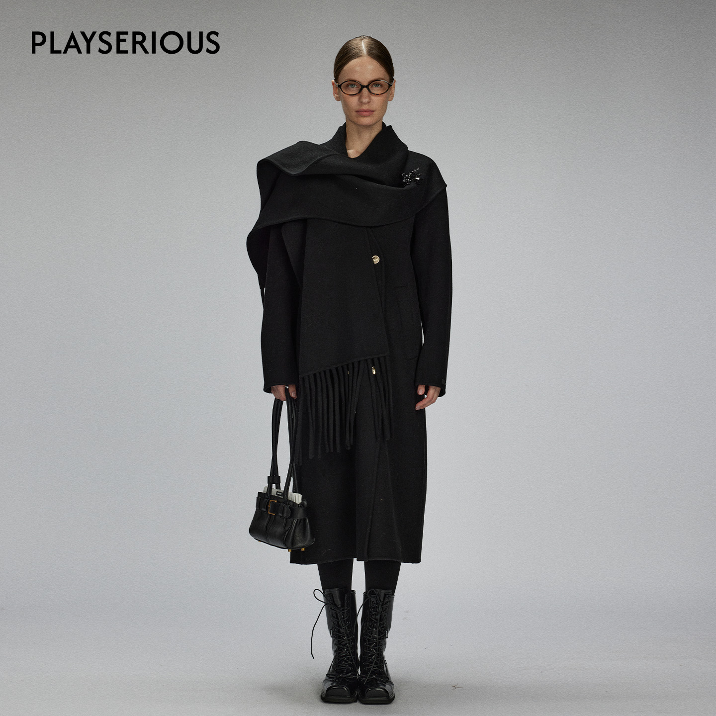 LACERTA 2025秋季新款连身围巾羊毛双面呢长大衣女纯色简约外套