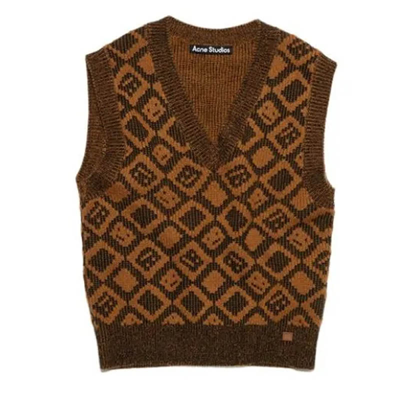 AcneStudios笑脸印花V领套头羊毛混纺针织背心马甲 男女同款