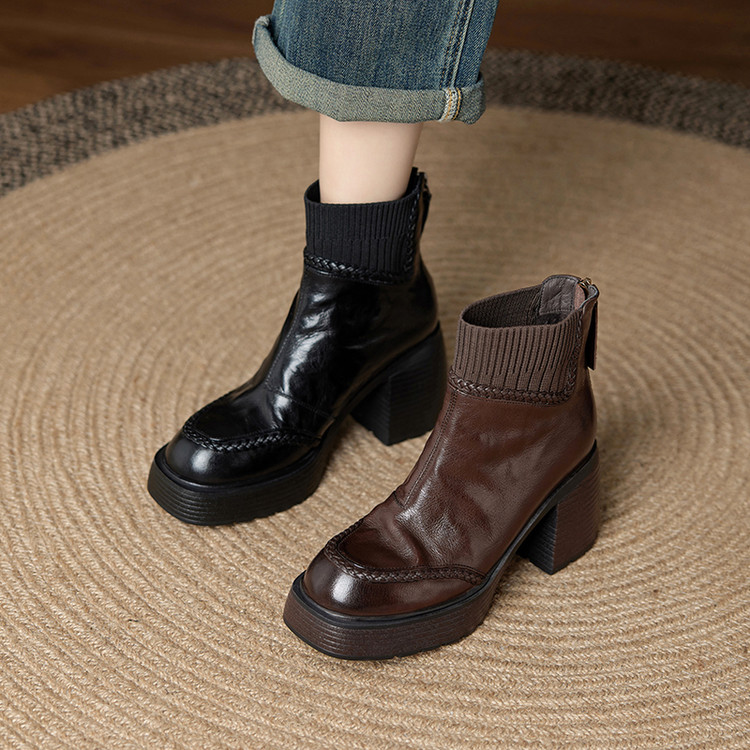 时装靴2025年冬季复古真皮风粗跟纯色圆头时装靴百搭短筒w2562