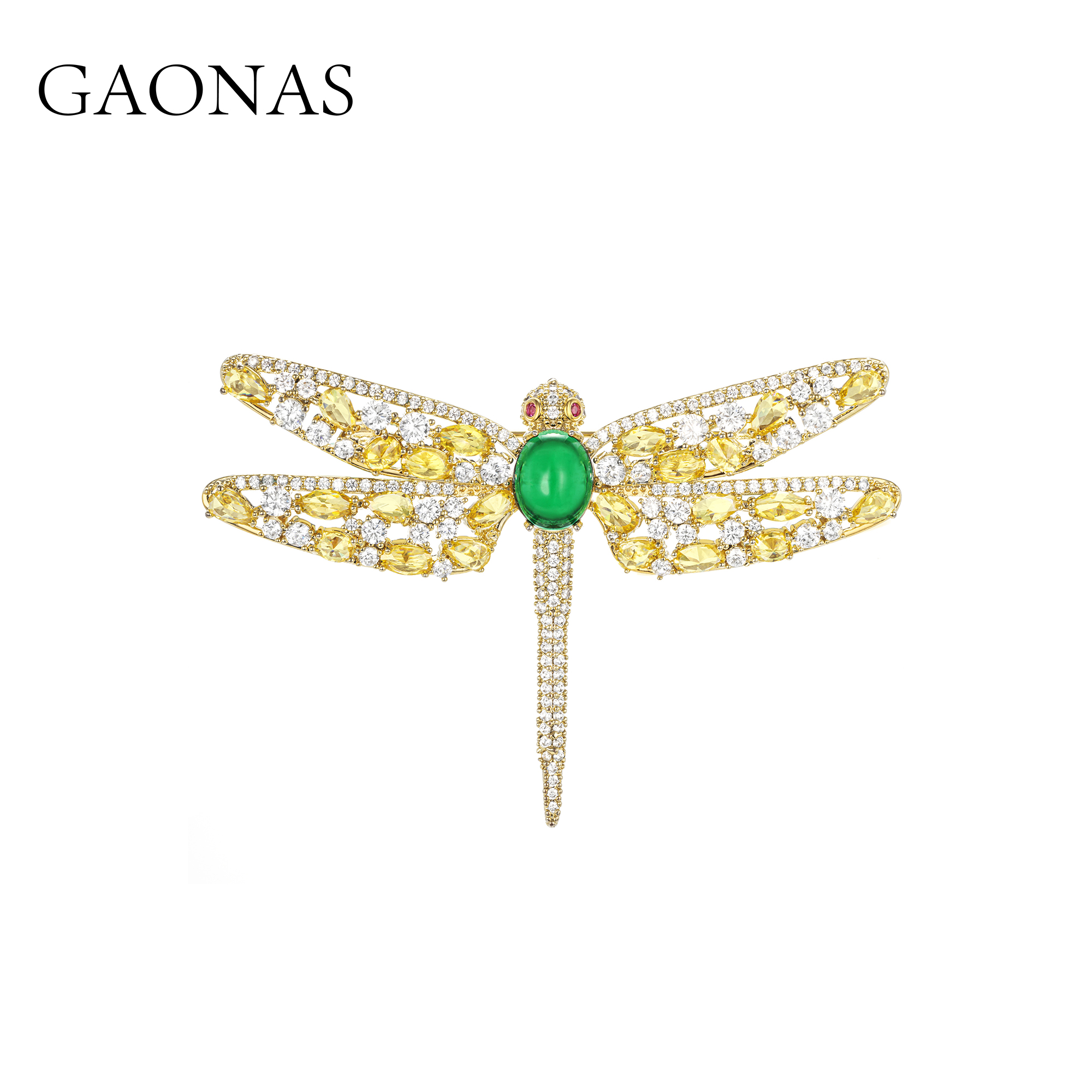 GAONAS 铜合金合成锆石胸针 时尚贵气设计蜻蜓金色胸针