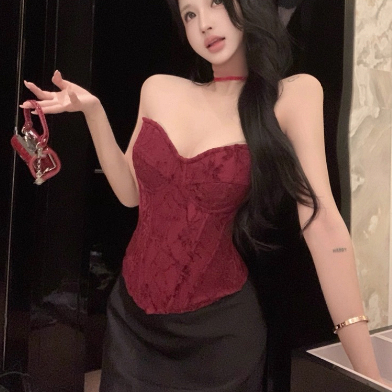 纯欲风红色收腰蕾丝无袖抹胸背心女夏季鱼骨修身套装6