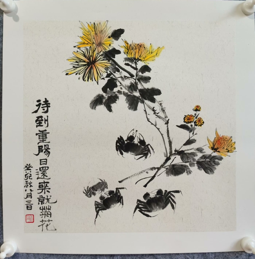 黄宗山 菊花螃蟹图 50*50书房茶室挂画 餐厅画