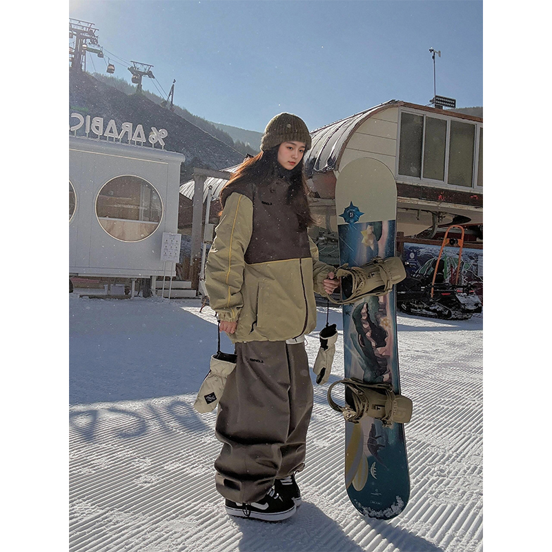 芙沿棕黄拼色滑雪服套装女2025秋冬新款户外防风防水单双板雪服男