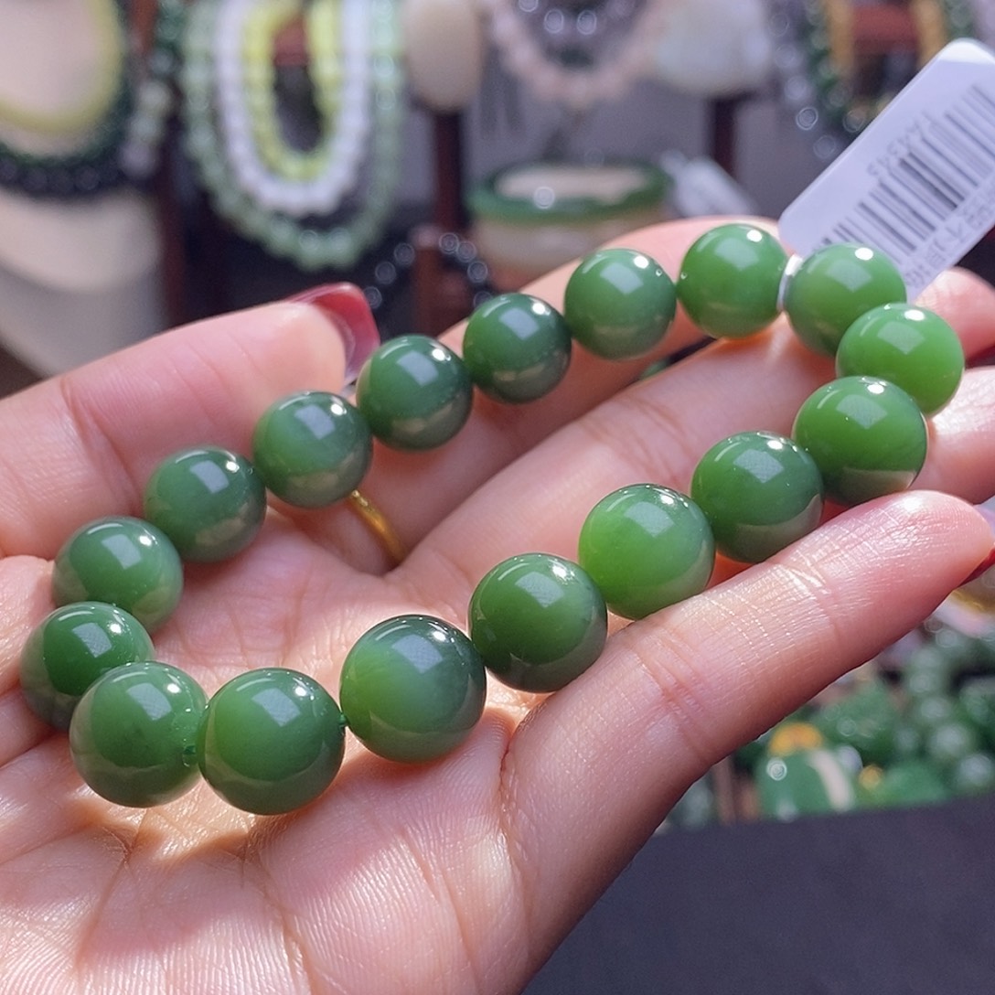 和田玉毕业级老矿料高冰底碧玉猫眼手链12m未镶嵌