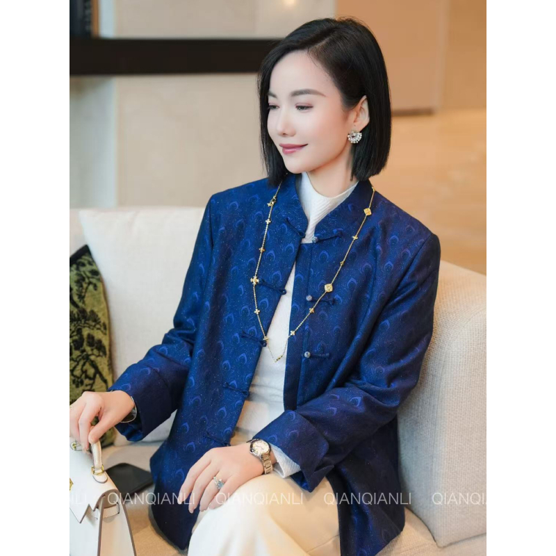 QIAN【上久楷·孔雀翎羽·蓝调通勤】小香风真丝羊毛通勤外套棉袄