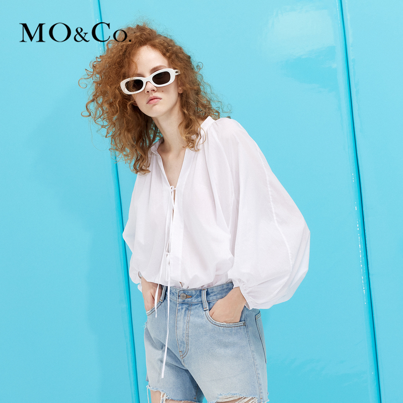 【陈大可专属】MOCO夏季七分泡泡袖绑带薄透棉衬衫MBC2SHT019