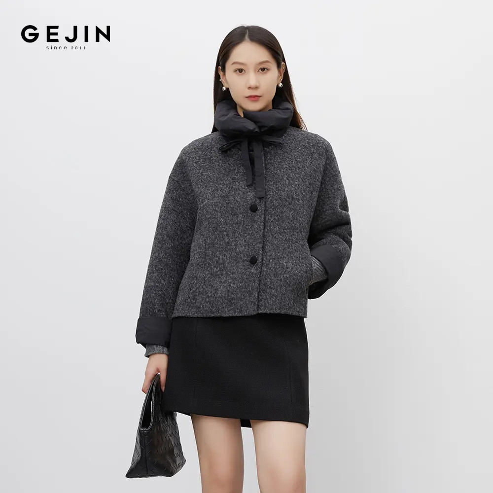 GEJIN/歌锦秋冬新款小香风优雅气质撞色拼接双面呢外套9422582478