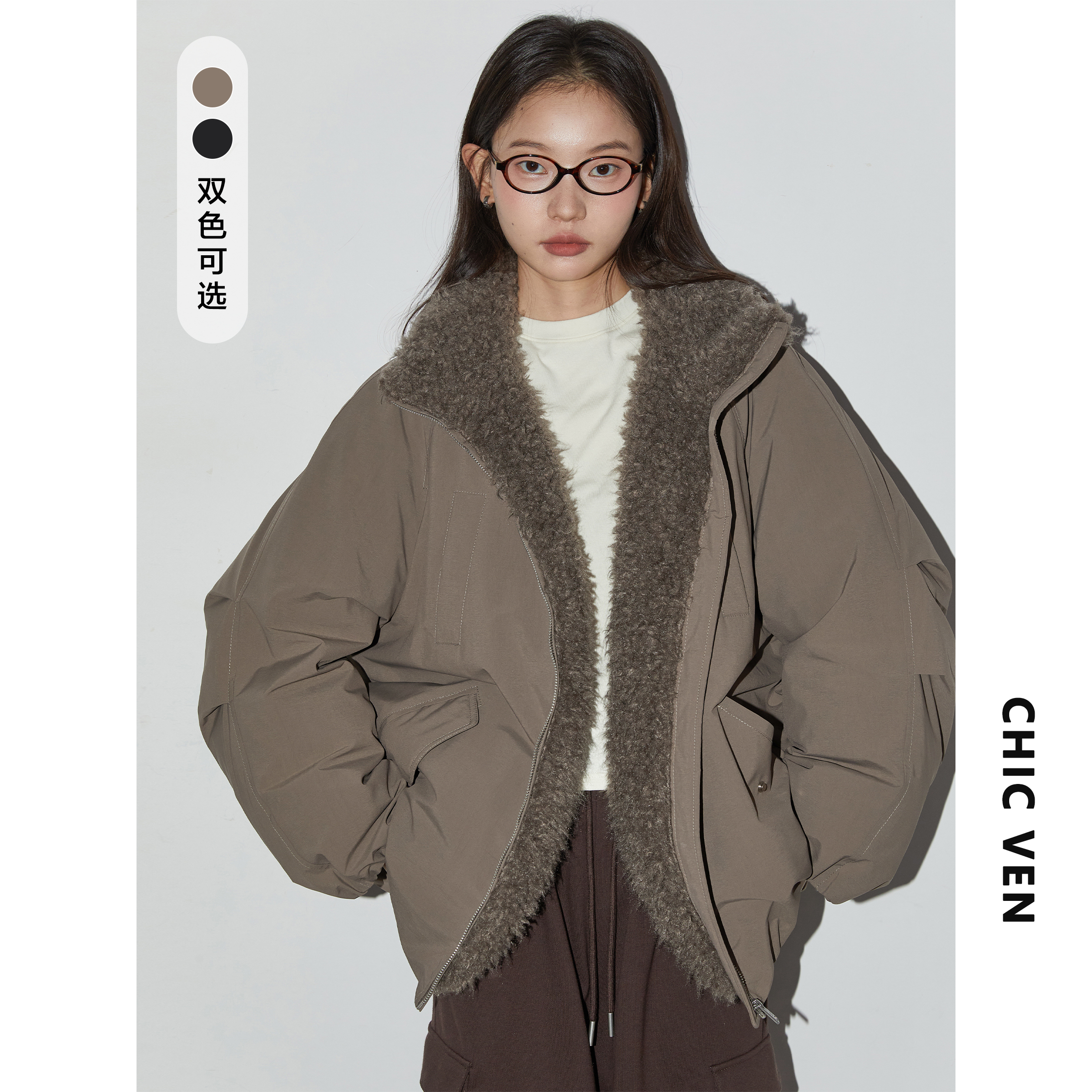 冬新款简约宽松廓形毛毛拼接夹克羽绒服设计感外套125DYR0720