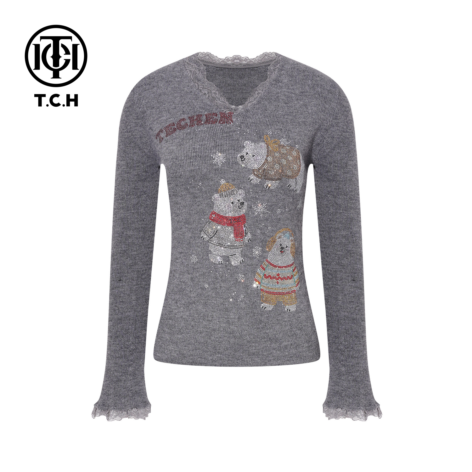 TCH【柔软舒适】冬款时尚烫钻灰色休闲风女装针织衫T75D09E1160