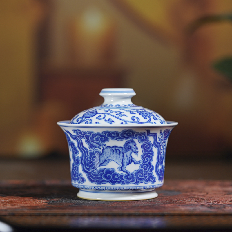 【小乔赏瓷】司陶坊青花四灵兽盖碗stf95